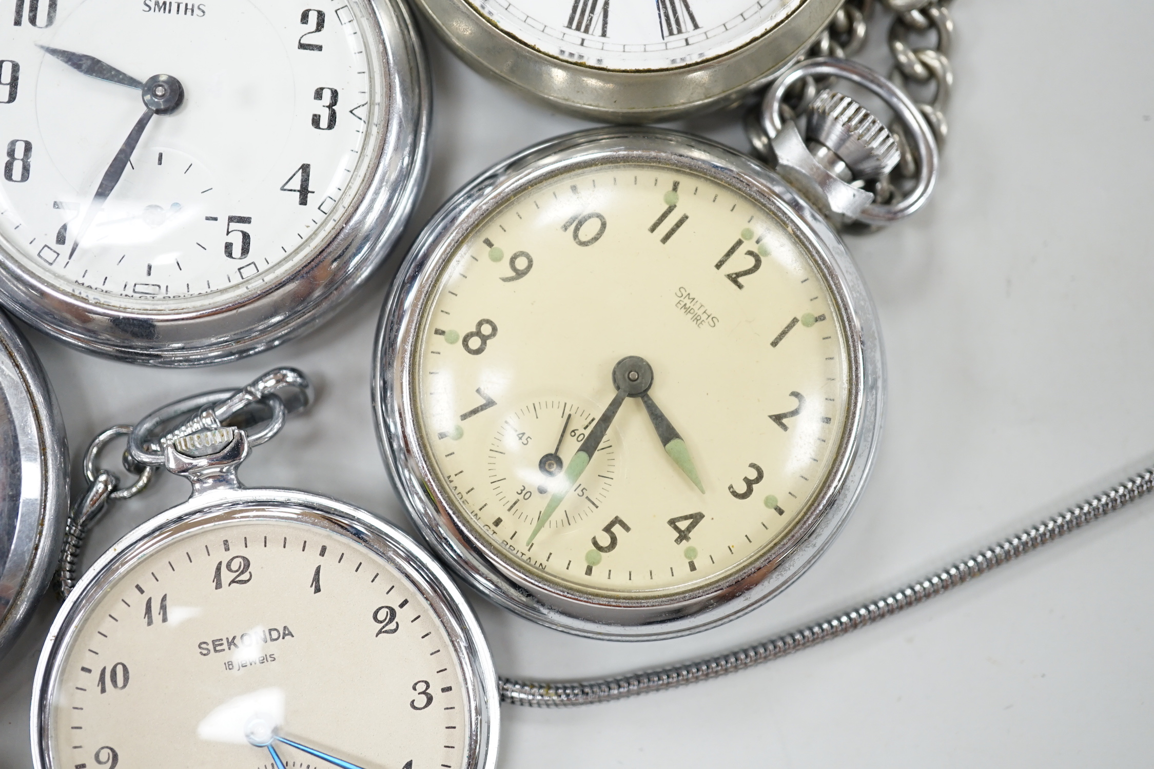 Ten assorted base metal pocket watches including Ingersoll Crown, Sekonda and Smiths.
